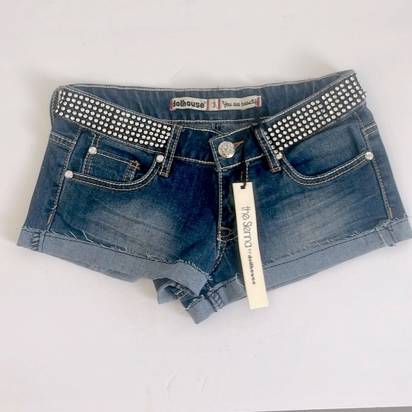 Dollhouse Pants - Dollhouse Jean The Sienna Rhinestone Embellished Distressed Shorts Size 3 NWT
